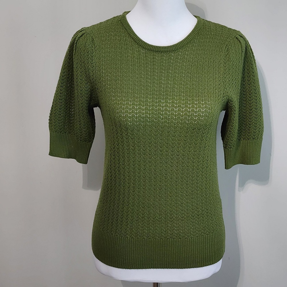 Cleo Crochet Top Womens XS Green Pointelle Knit Puff Sleeve Forest‎ Fairycore